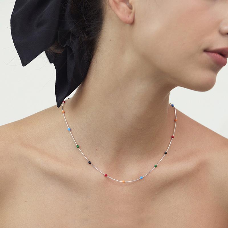 925 Sterling Silver Summer Rainbow Beads Chain Choker Necklace for Women's Fashion Stacked For Korea Simple Collar Fine Jewelry