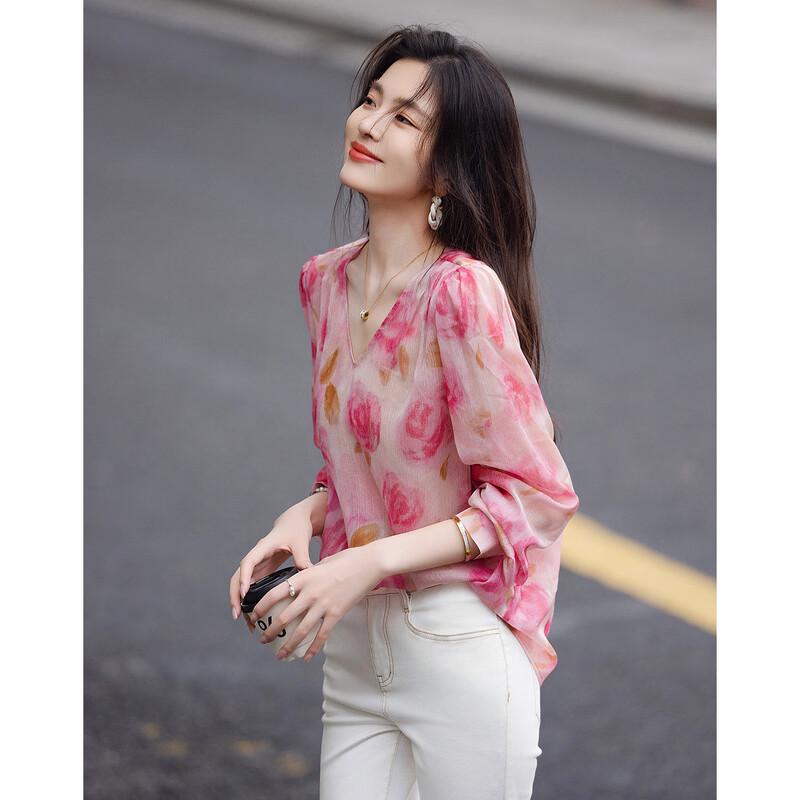 Demana Spring French Style Puff Sleeve Blouse with Gold Thread Print