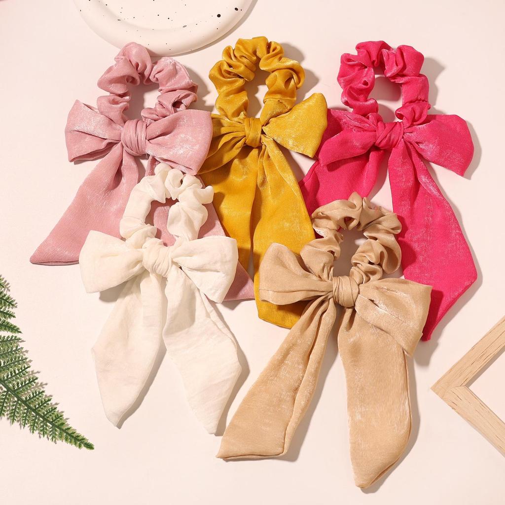 European & American Retro Silk-Like Ribbon Bow Hair Tie with Detachable Streamer – Wrinkled Satin Fabric Hair Accessory