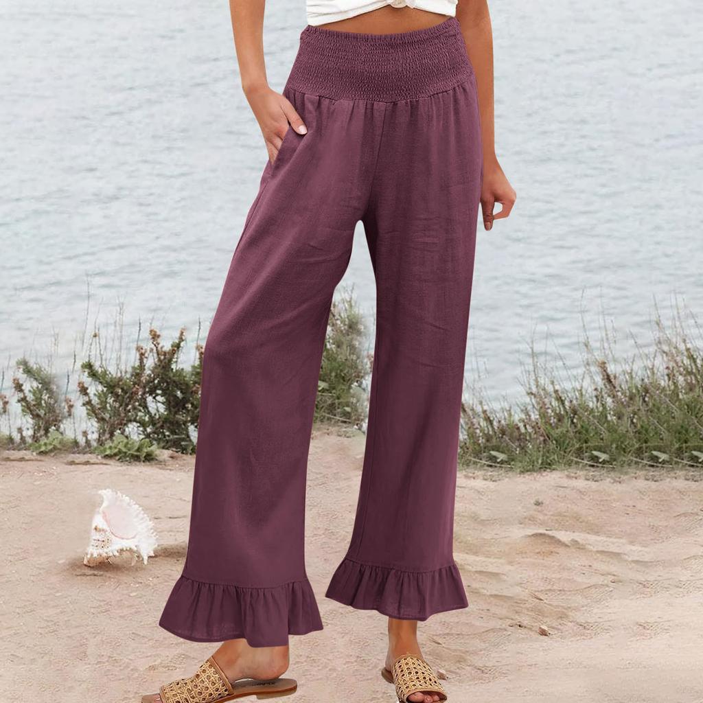 Women's Elastic Belt Pocket Linen Pants Pleated Paper Bag High Waist Ruffled Hem Wide Leg Trousers