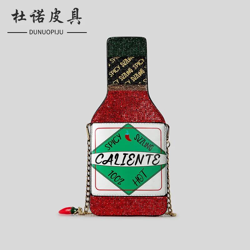 

Creative personality glitter chili wine bottle shoulder crossbody bag funny letter chain handbag women s fashion bag красный
