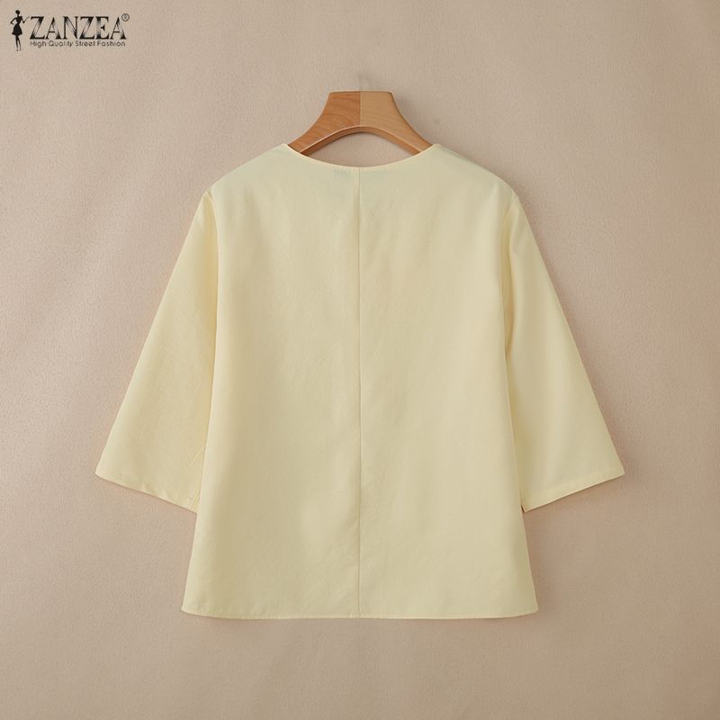 ZANZEA Women Casual Round Neck Solid Color 3/4 Sleeve Blouse