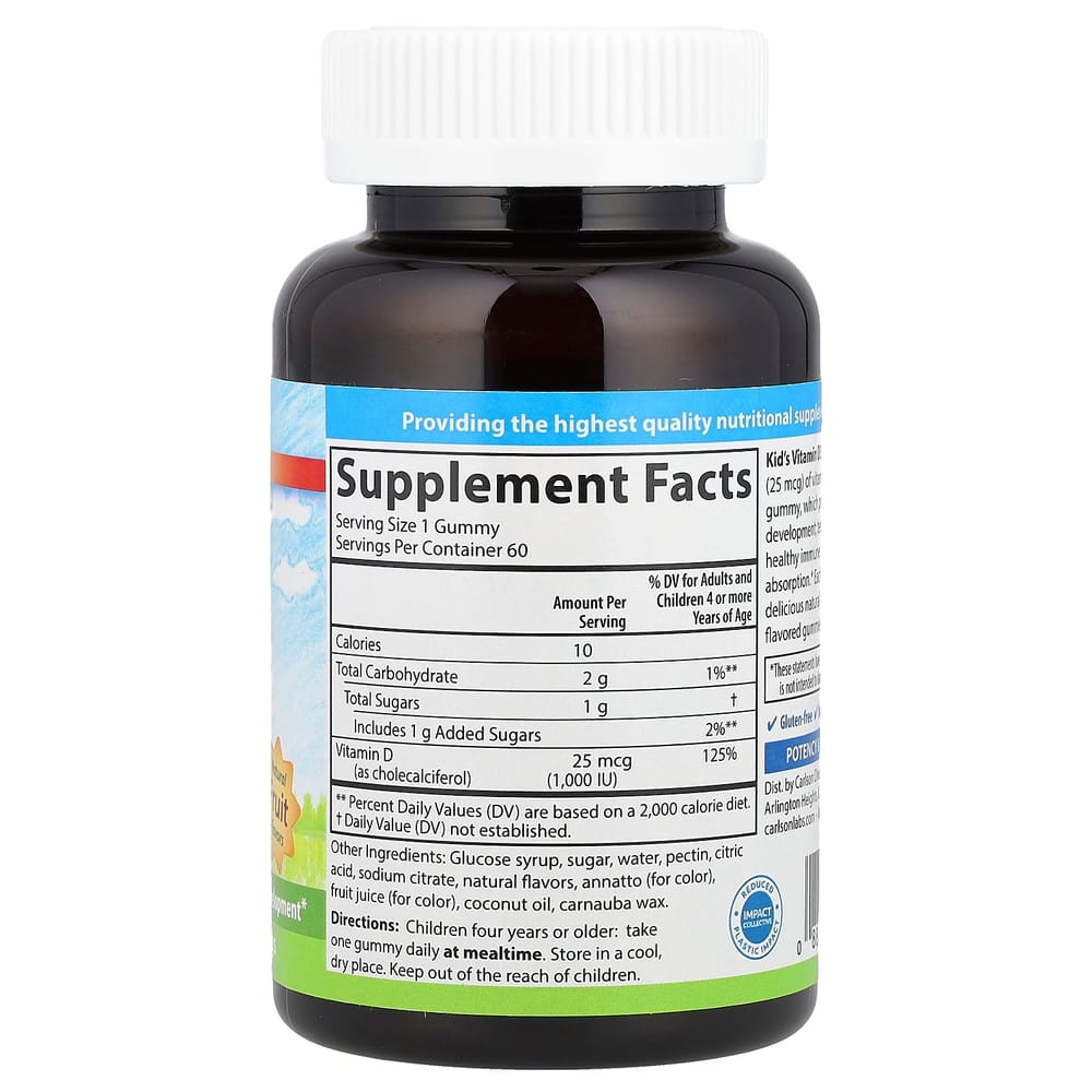 Carlson Labs Children's Vitamin D3 Gummies, Fruit Flavored, 25mcg (1000 IU), 60 Count