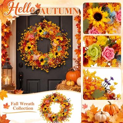 45cm Artificial Autumn Wreath with Maple Leaves Pumpkins and Flowers for Door Hanging Seasonal Decoration Indoor Outdoor Use