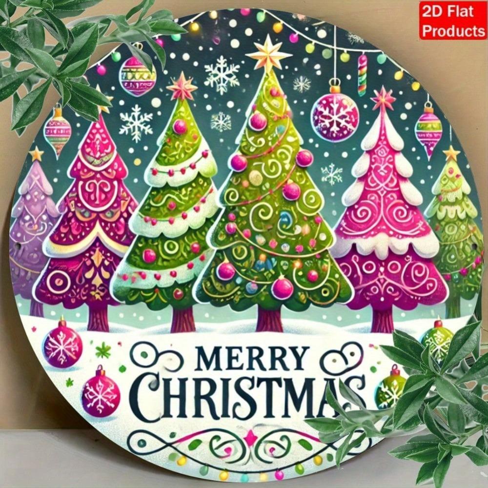 Metal Wall Art Merry Christmas Sign Vintage Pink Wreath Snowflake Rustic Holiday Decor Outdoor Indoor Weatherproof Gift