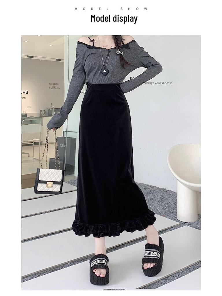 Women's Layered Velvet Midi Skirt with High Slit and Ruffle Lace - Thickened for Autumn and Winter