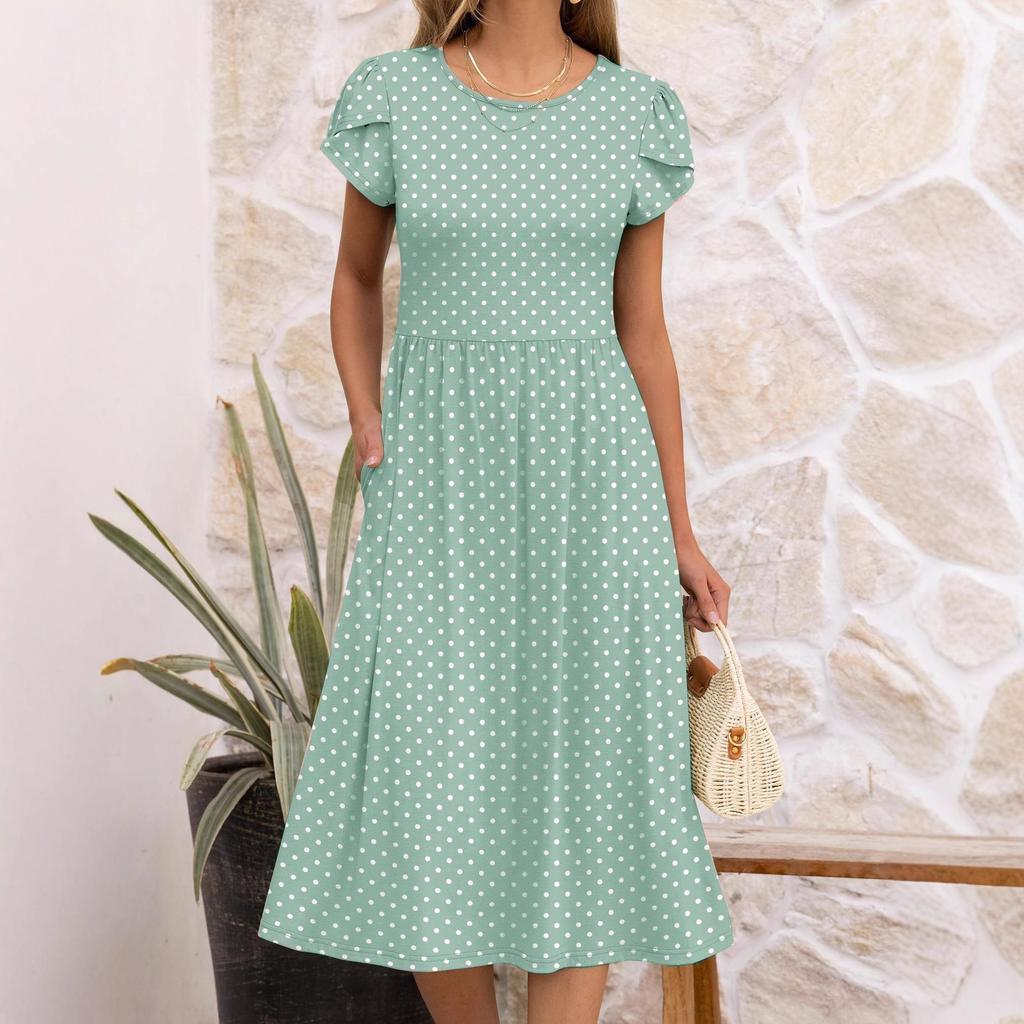 Damen Rundhals Kurzarm Midi Kleid Lockerer Schnitt Mittlere Taille Elegant Gepunktetes Sommerkleid