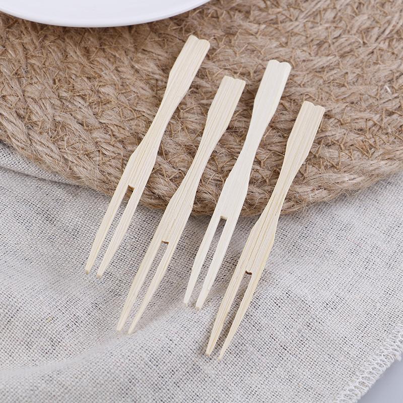 100Pcs/Set Bamboo Cocktail Forks Bbq Fruit Pick Beige 9Cm Stick Skewers