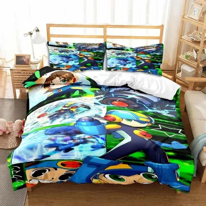 Rockman Megaman Game Cartoon Bedding Set Printed With Pillowcase Bed Duvet Cover Soft Queen King Size Bedclothes Home Boys Gift