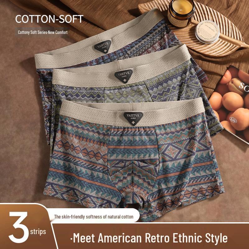 Ethnic Style Men's Pure Cotton Boxer Briefs - Comfortable, Breathable, Mid-Rise Trunks In American Light Luxury Design