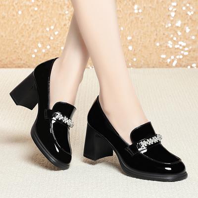 Fashion New High Thick Heels Dress Shoes Pointed Toe Woman Pumps Black Medium Heel Patent Slip On Square Heel Leather Shoes Versatile