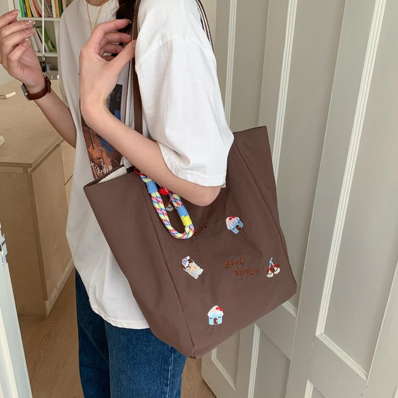 Cute Cherry Puppy Embroidered Tote Bag Large Capacity Casual Shoulder Handbag for Women KTB