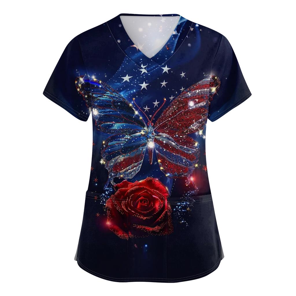 Women's V-neck Independence Day Print Short-sleeved Pocket Side-opening Protective Work Shirt