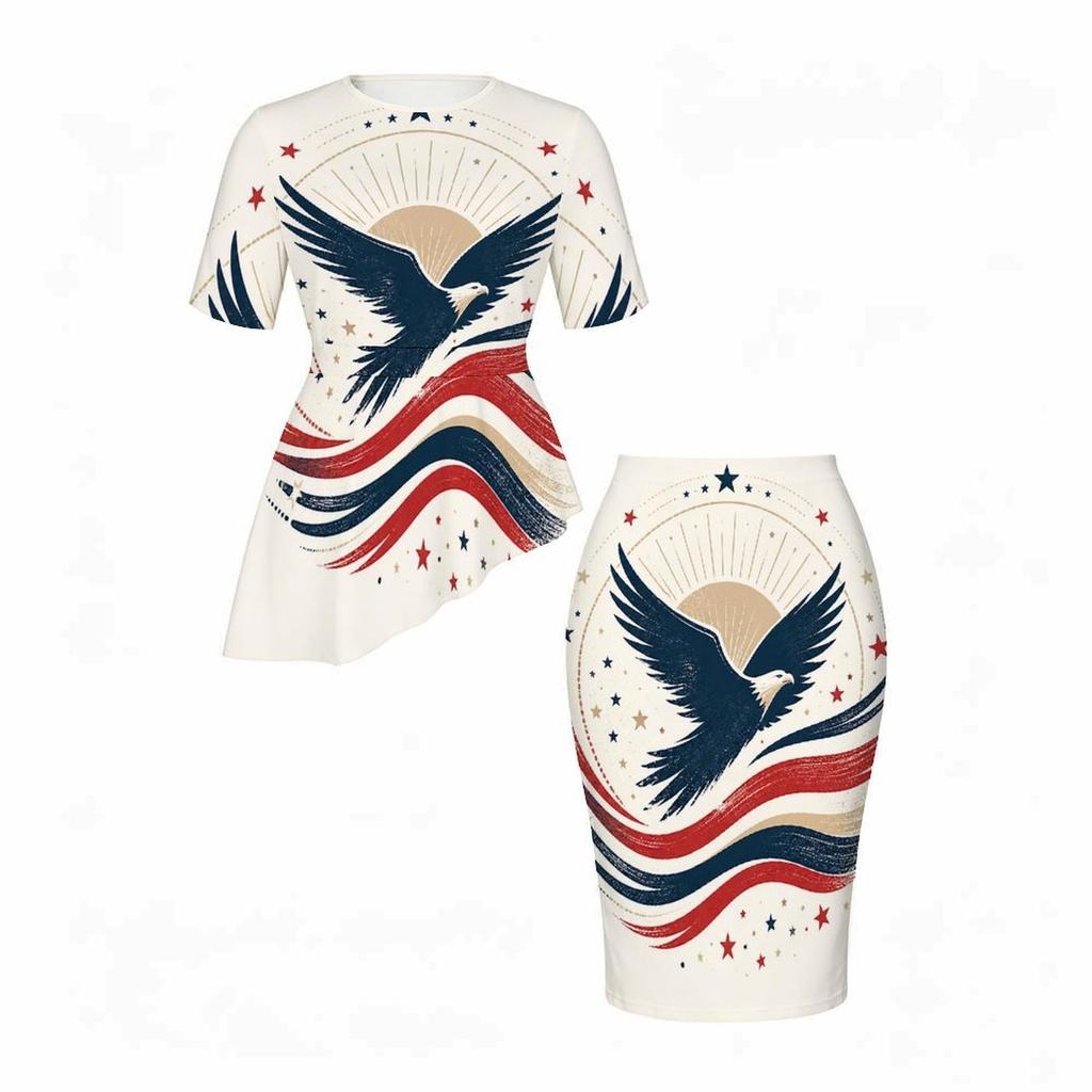 Women Plus Size Round Neck Short Sleeve Printed Asymmetric Top And Fitted Skirt Two Piece Set