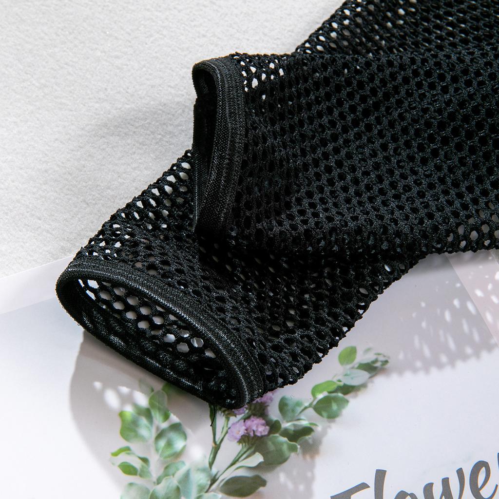 Ästhetisches Y2k Mesh Hollow Out BH-Sets Solider Tanga Lange Ärmel Ultrakurze Bluse Sexy Fun Dreiteiliges Uniform-Set