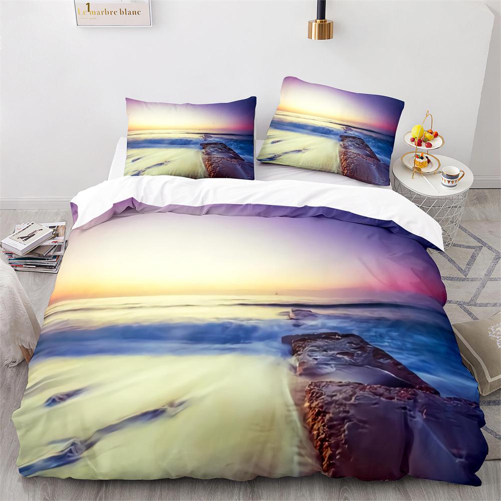 Beach Ocean Duvet Cover Set Sunset Hawaiian Waves Comforter Cover Tropical Island and Sea Beach Nature Polyester Bedding Set