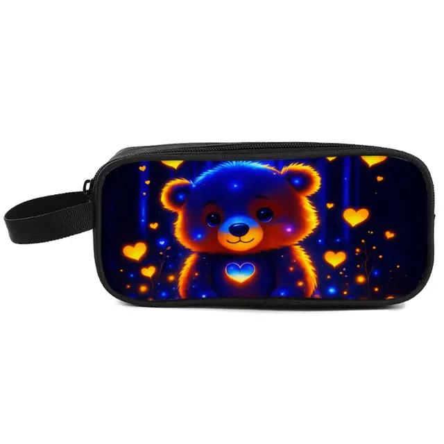 Bear Print Double Layered Pencil Case with Handheld for Boys & Girls Best Gift 3D Cartoon School Pencil Bag