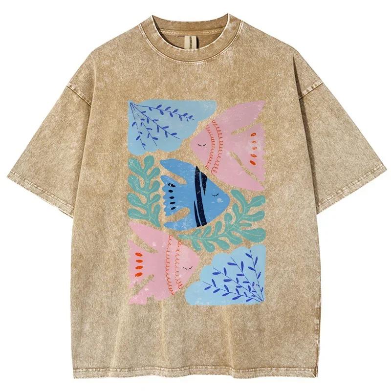 Cartoon Minimalist Feng Shui Grass Small Fish Print  T-Shirt Washed Loose Oversized Short Sleeve Vintage Casual