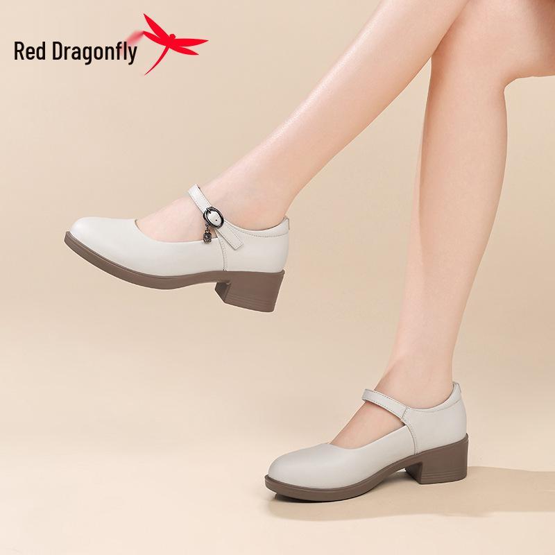 Red Dragonfly Women's Genuine Leather Mary Jane Loafers - Chunky Heel, Shallow Cut, Perfect for Spring and Autumn.
