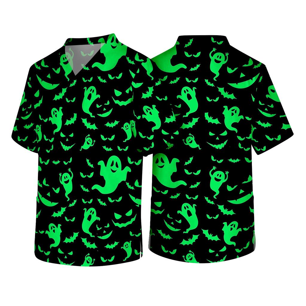 Men's V Neck Halloween Print Pocket Scrub Top Short Sleeve Medical Workwear Uniform Shirt for Healthcare Professionals