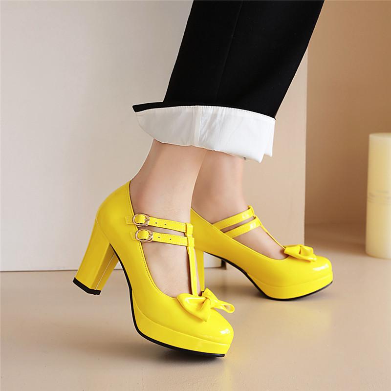 Women Mary Jane Shoes Lolita High Heels Bow T-Strap Platform Pumps Thick Heels Shoes Princess Wedding Party Shoes Plus Size33-46