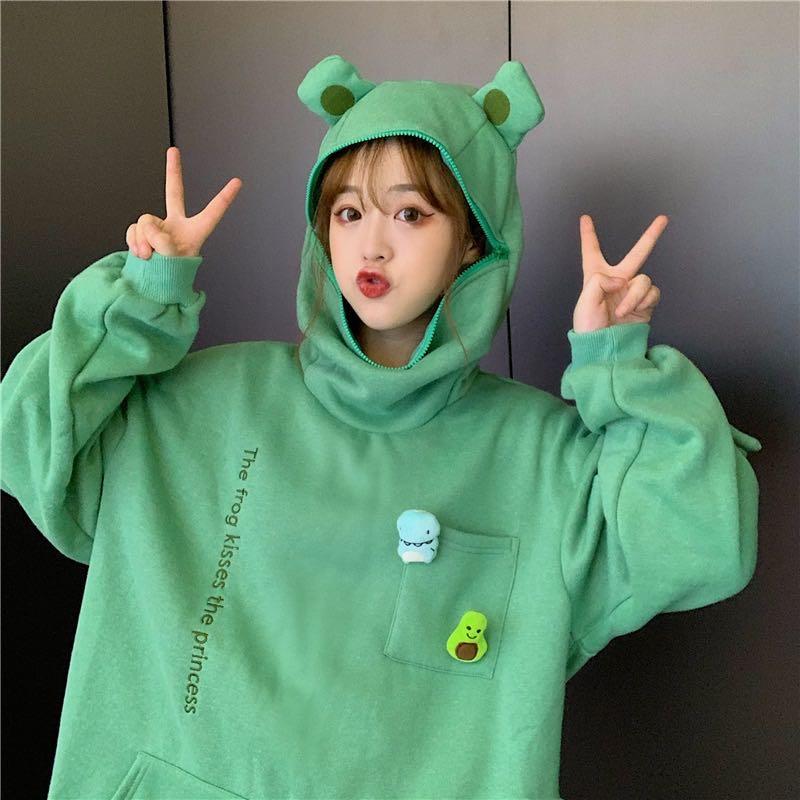 Women's Trendy Frog Pullover Hoodie - Long Sleeve, Unisex, Plus Velvet, Autumn/Winter Style