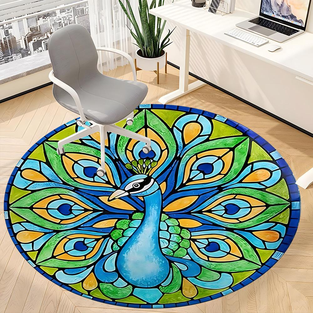 1pc Peacock Stained Glass Office Round Rug, Non-slip, Soft and Durable Office Rug for Interior Decoration, Perfect for Office,Decoration yy260204045