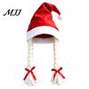 Fun Braided Christmas Headwear Santa Hat with Braids And Pom Pom, Holiday Red Warm Plush Cosplay Hat, Novelty Xmas Party Costume for Kids Adults Cute