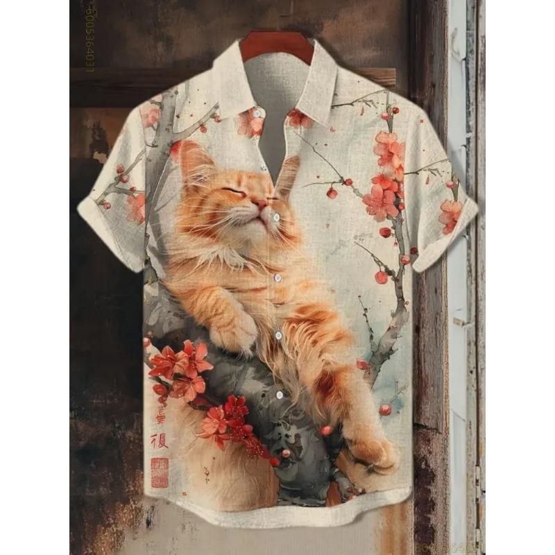 2026 New Men's Shirt Vintage Cat Printed Top Comfortable Fabric Breathable Short Sleeve Shirt Personalized Loose Casual Shirt