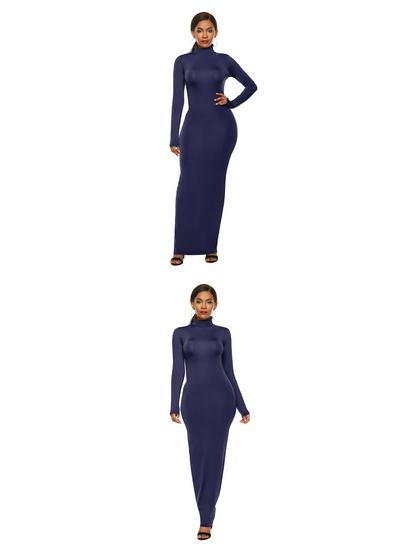 Elastic High-Neck Long-Sleeve Maxi Dress