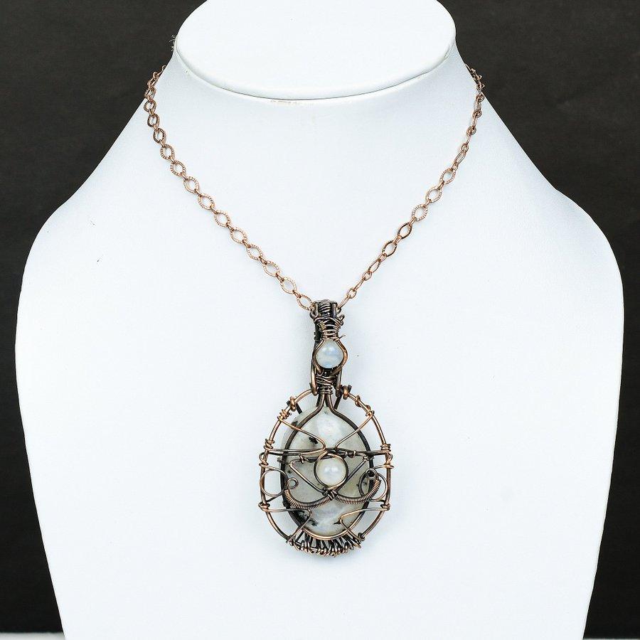 Rainbow Moonstone Handmade Copper Wire Wrap Jewelry Pendant 3.35" C5n25
