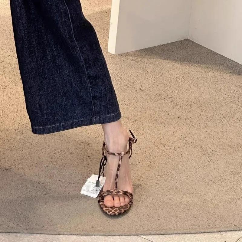 2024Leopard Print Ankle Strap Women's Sandals Summer Fashion Sexy Stiletto Heel Gladiator Sandals Narrow Strap Party Dress Pumps