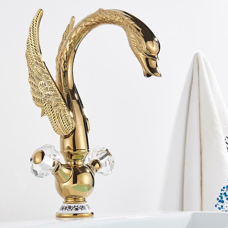 Brass Gold Black Swan Basin Faucet Deck Mounted Bathroom Faucet Hot and Cold Water Mixer Tap Bath Water Faucet Basin Faucet Taps