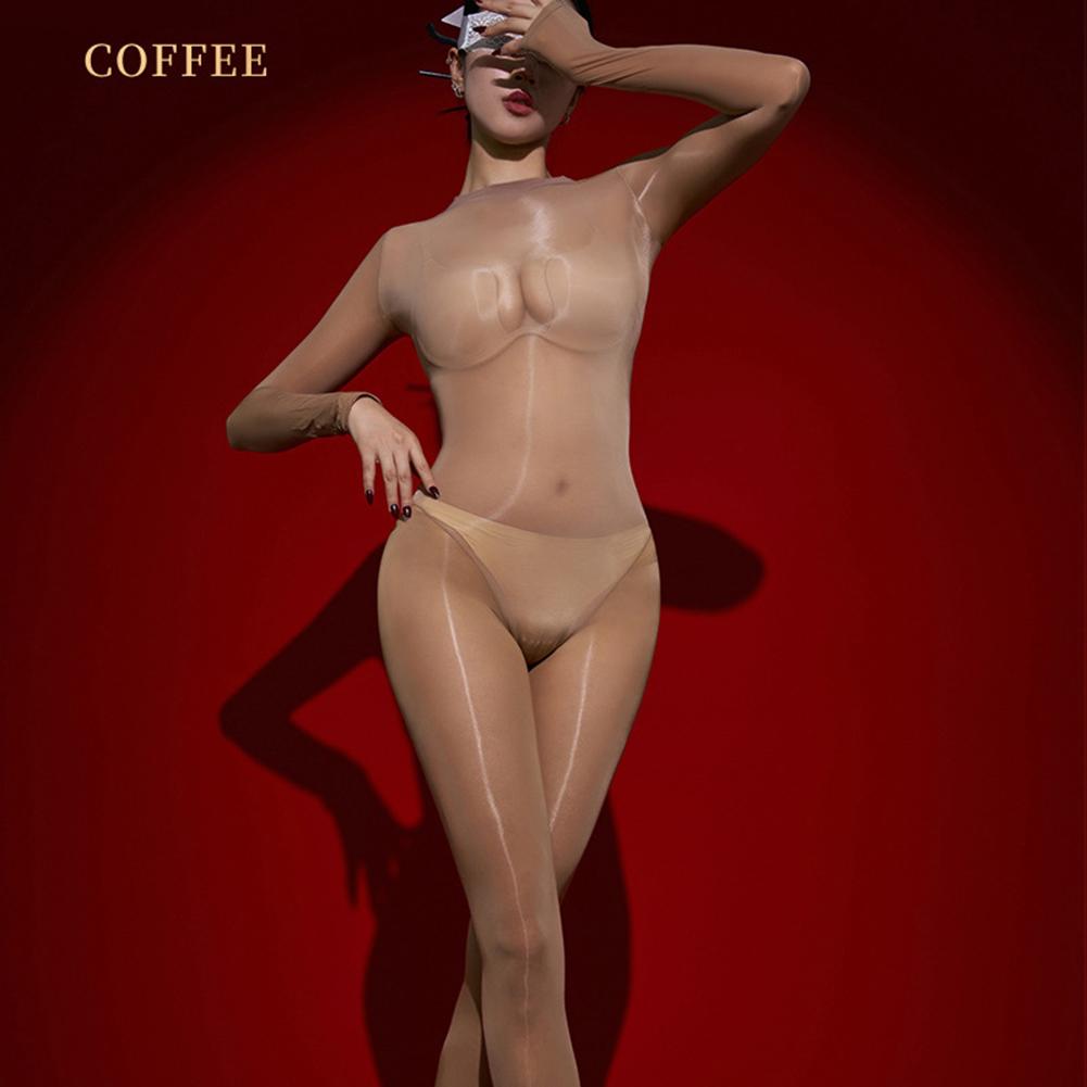 Sexy Women Oil Glossy Full Body Stockings Sheer See Through Bodysuit Tight Elastic Leotard Solid Transparent Seductive Jumpsuit