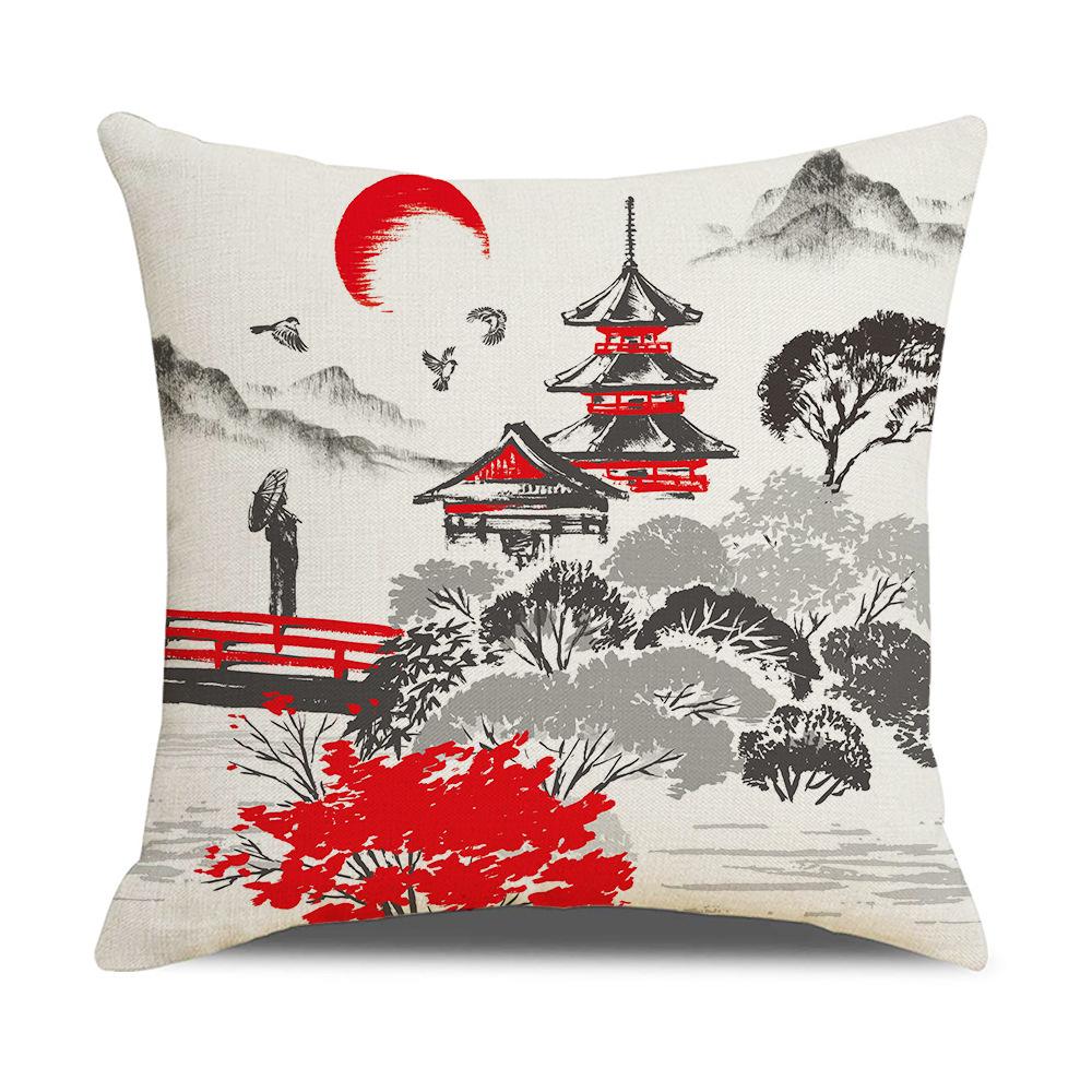New Chinese Style Linen Pillowcase Ink Painting Landscape Digital Printing Cushion Cover Sofa Living Room Bedroom Cushion Cover