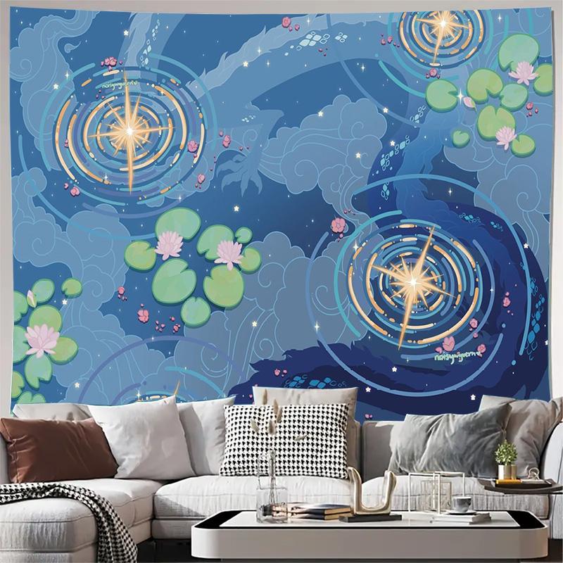 Blue Cosmic Lotus Pond Starlight Pattern Wall Tapestry Machine Washable All Season Decor Art Print Fantasy Nature Design Home