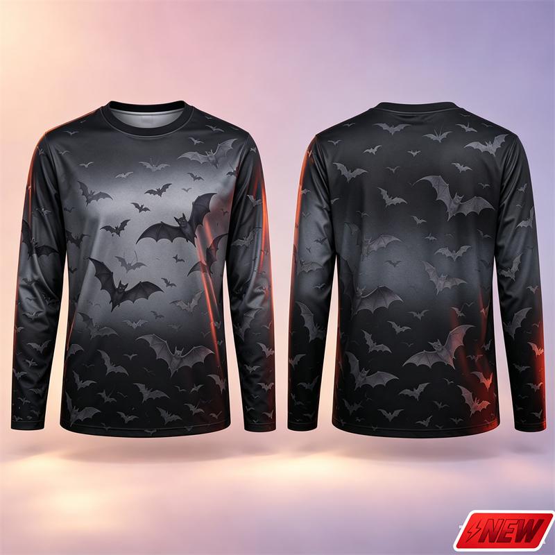 Gothic Bat Pattern Long Sleeve T Shirt Men Halloween 3D Print Gradient Horror Sky Flying Bat Tee Casual Quick Dry New Top Unisex