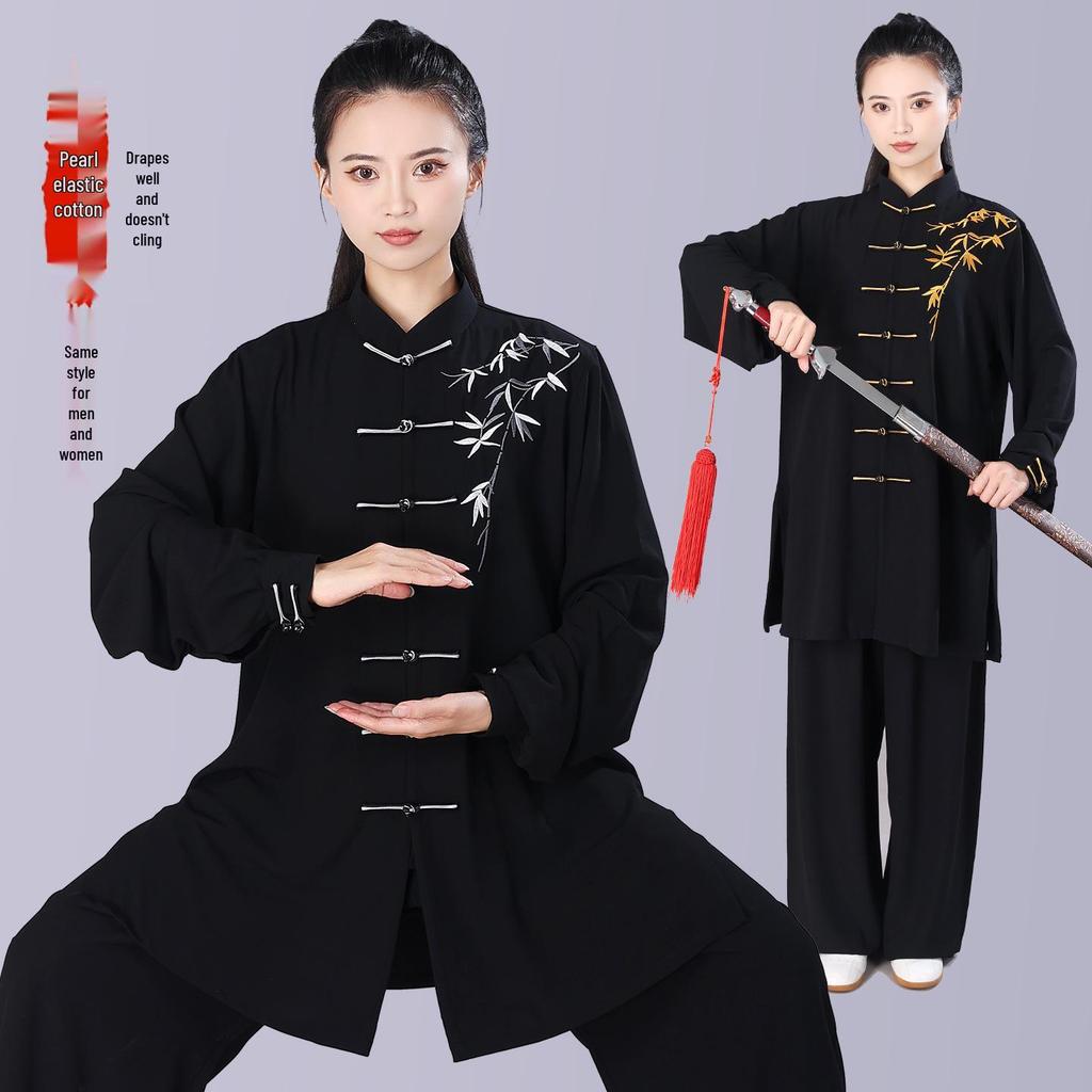 Tuta da Tai Chi Ricamata Hongji da Donna per Primavera/Estate/Autunno - Lunga, di Media Lunghezza, Nuovo Stile Cinese per Esercizio Mattutino e Arti Marziali