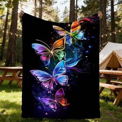 1pc Butterflies, Rainbow Flannel Blanket, Comfortable and Warm Blanket, for Camping Sofa Bed and Couch Office046