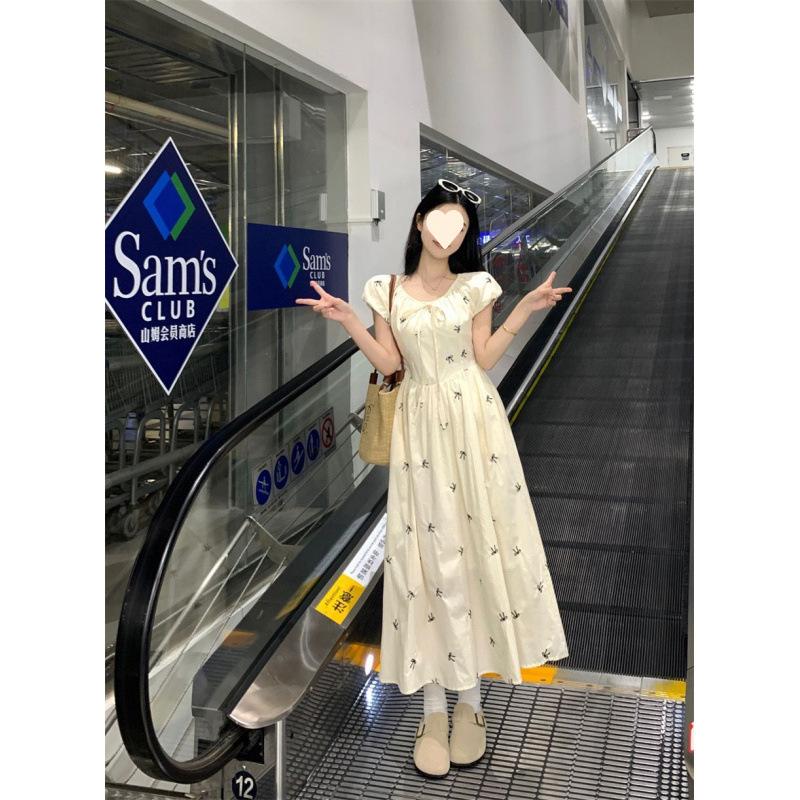 Coffee break bubble sleeve dress women's summer new small waist temperament floral dress