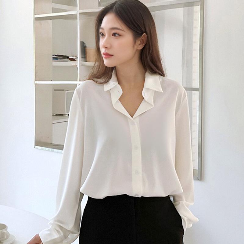Minimalist Shirt for Women In Spring Autumn, Polo Collar Lazy Style Professional Versatile OL Commuting Solid Color Shirt Blouses & Shirts