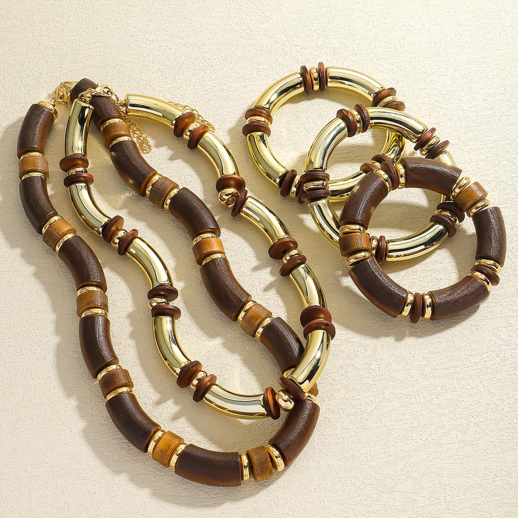 Dvacaman 2025 ZAA Vintage Women Necklaces Bracelet Set Trend Wooden Curved Splicing Choker Summer Boho Holiday Party Accessories