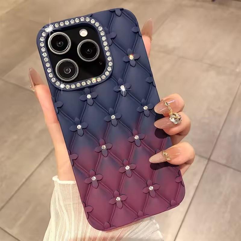 Luxury Glitter Rhinestone 6D Flowers Case for IPhone 17air 13 14 15 16 Pro Max Gradient Color Soft Silicone Shockproof Cover