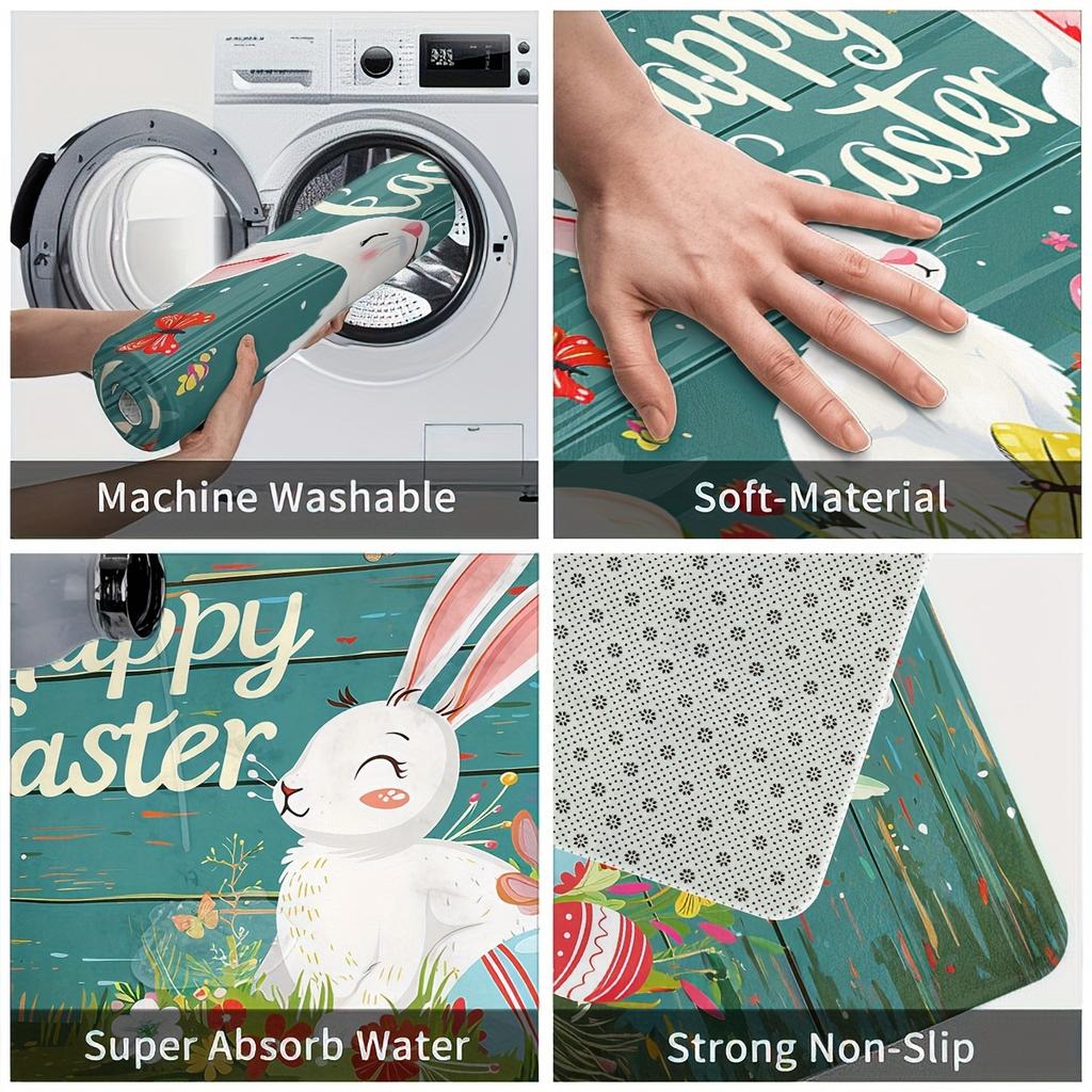 1Pcs Festive Easter Bunny Print Waterproof Non-Slip Thick Cushioned Kitchen Mat Heavy Duty Comfort Standing Mat for Kitchen Bathroom