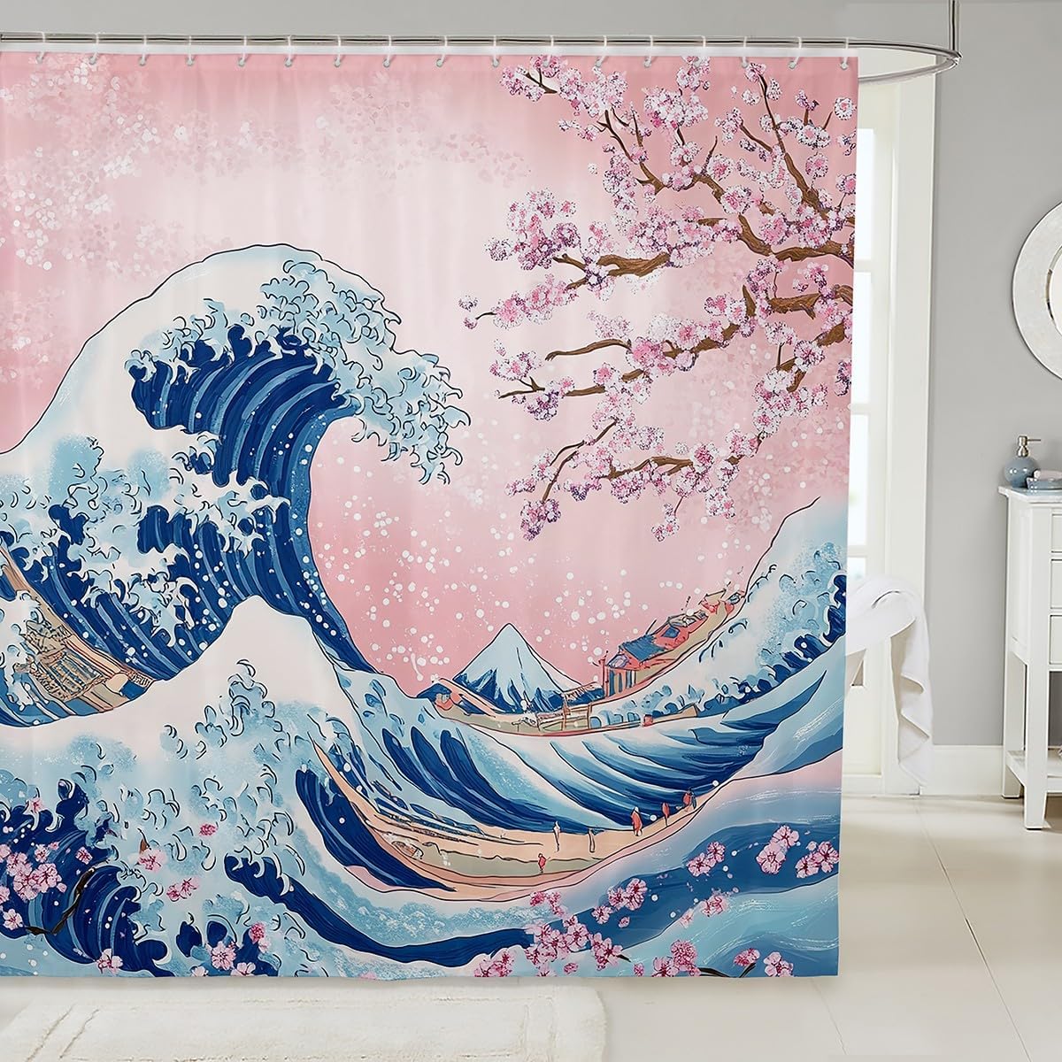 

Japanese Wave Bath Curtain For Boys Girls Cherry Blossoms Shower Curtain Waterproof Japanese Style Bathroom Shower Curtain W60H190(CM)-1 Pcs