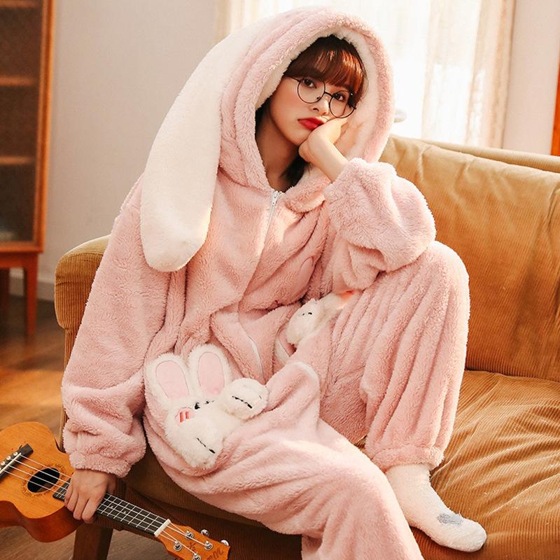 Winter Soft Girl Rabbit Pajamas Thickened Coral Fleece Cute One-piece Pajamas Girl Cartoon Ins Loungewear Nightgown