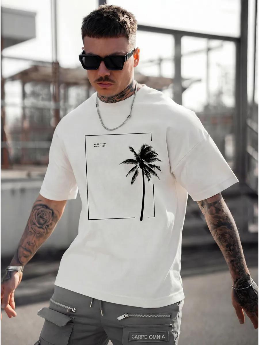 Oversized thick T-shirt with palm print summer M