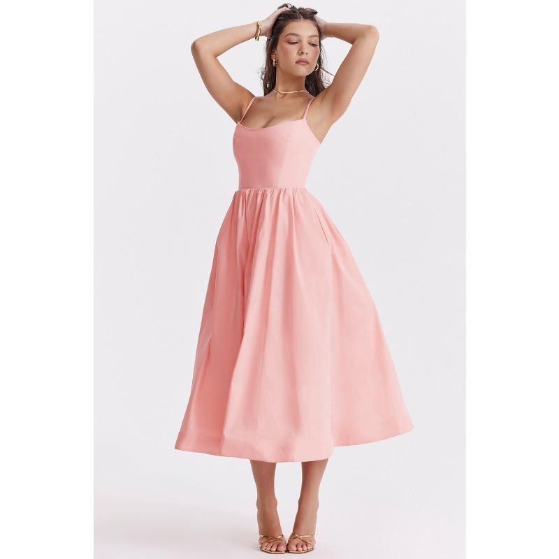 Vestido de Verão Solto com Suspensório Moda Novo Elegante Feminino Sem Mangas Decotado Linha A Vestidos de Festa Simples Cor Sólida Roupas Femininas