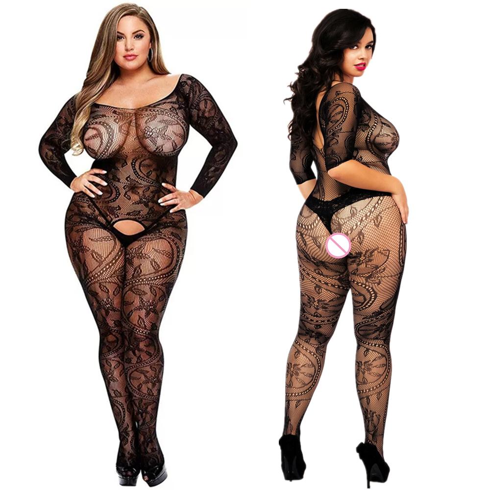 Lady New Plus Size Bodysuits Sexy Nightgown Women Flower Design Jumpsuits Crotchless Erotic Clothes Black Full Bodystockings