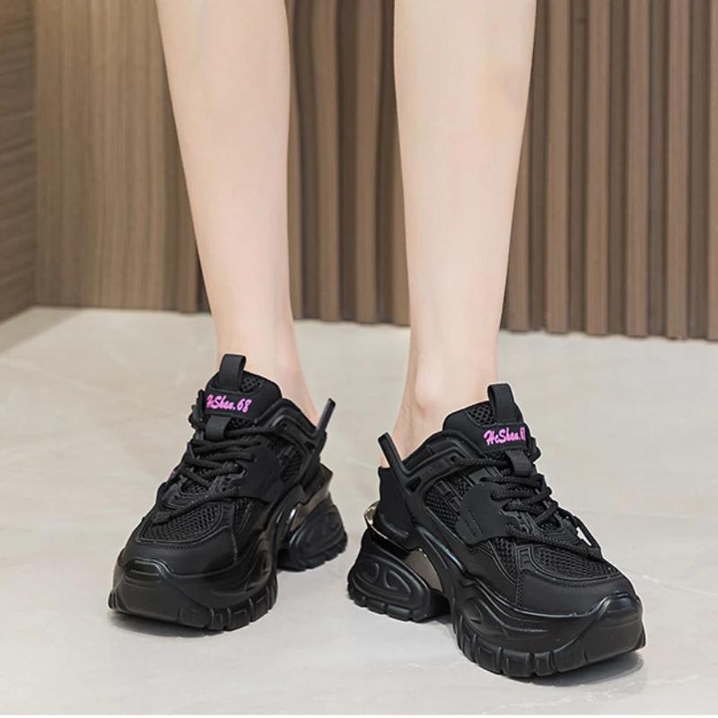 Fashion 10.5cm Air Mesh Genuine Leather Women Chunky Fashion Sneakers Platform Wedge Breathable Slippers Comfy Hollow Summer Shoes
